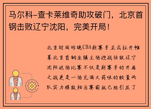 马尔科-查卡莱维奇助攻破门，北京首钢击败辽宁沈阳，完美开局！