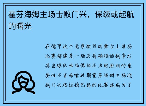 霍芬海姆主场击败门兴，保级或起航的曙光