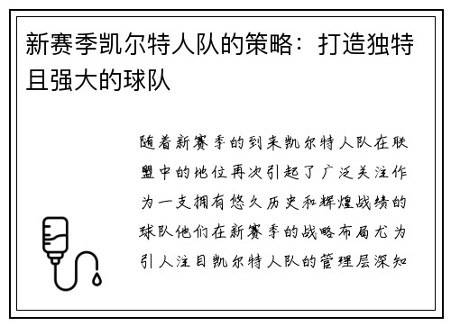 新赛季凯尔特人队的策略：打造独特且强大的球队